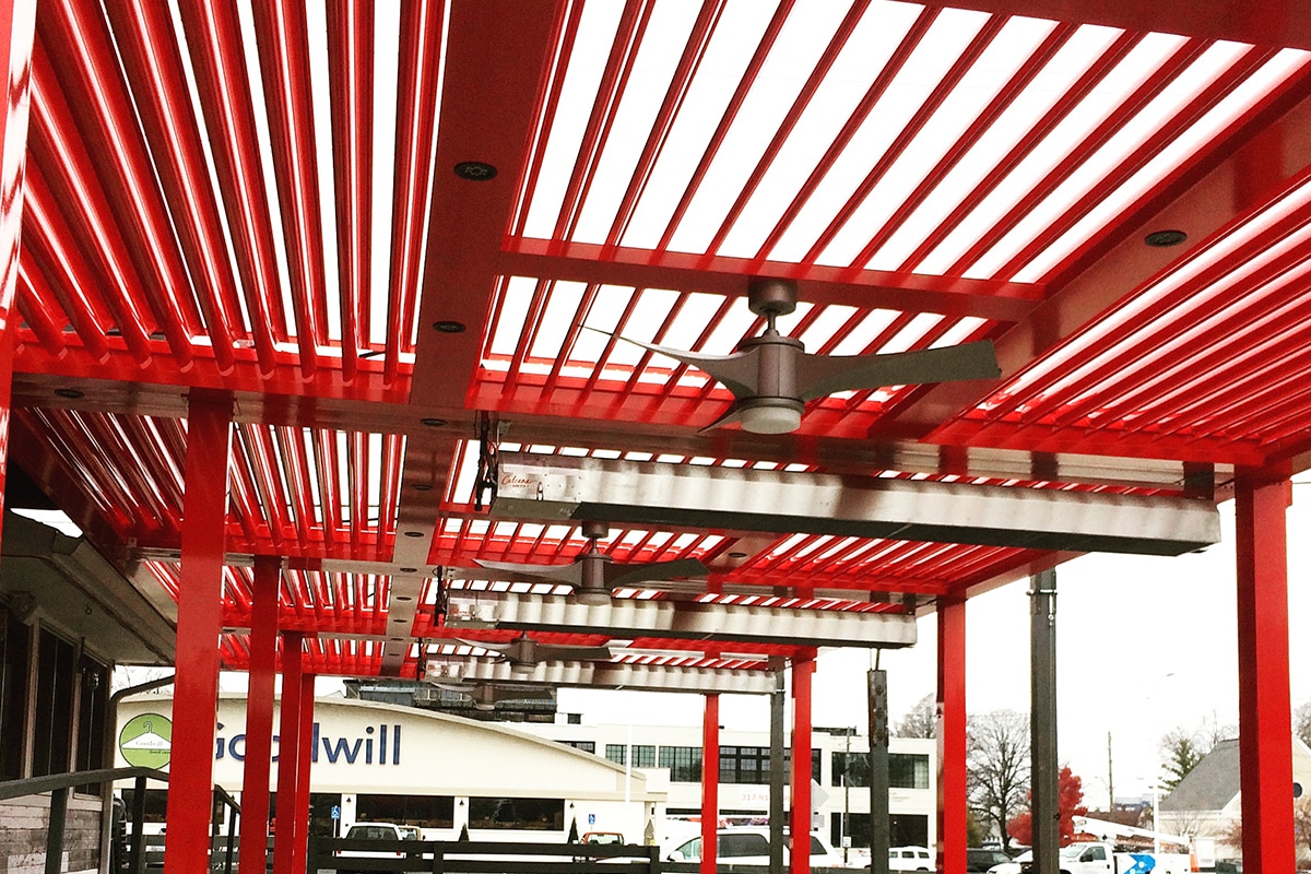 bright red smart pergola for commercial space
