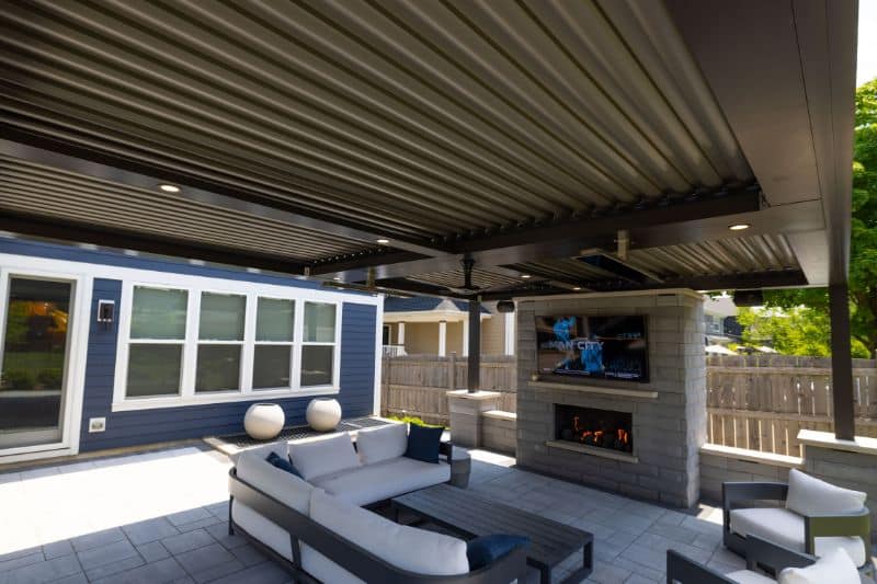 water proof pergola with tv and living space