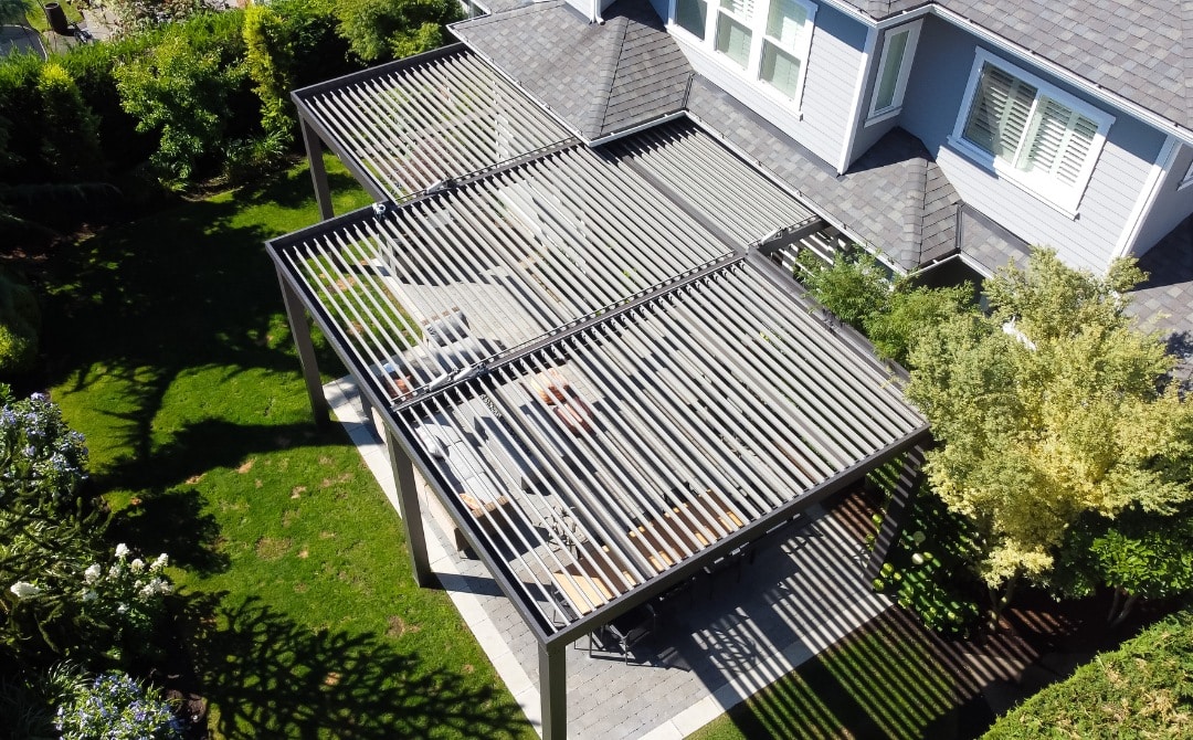 modern louvered pergola arial shot